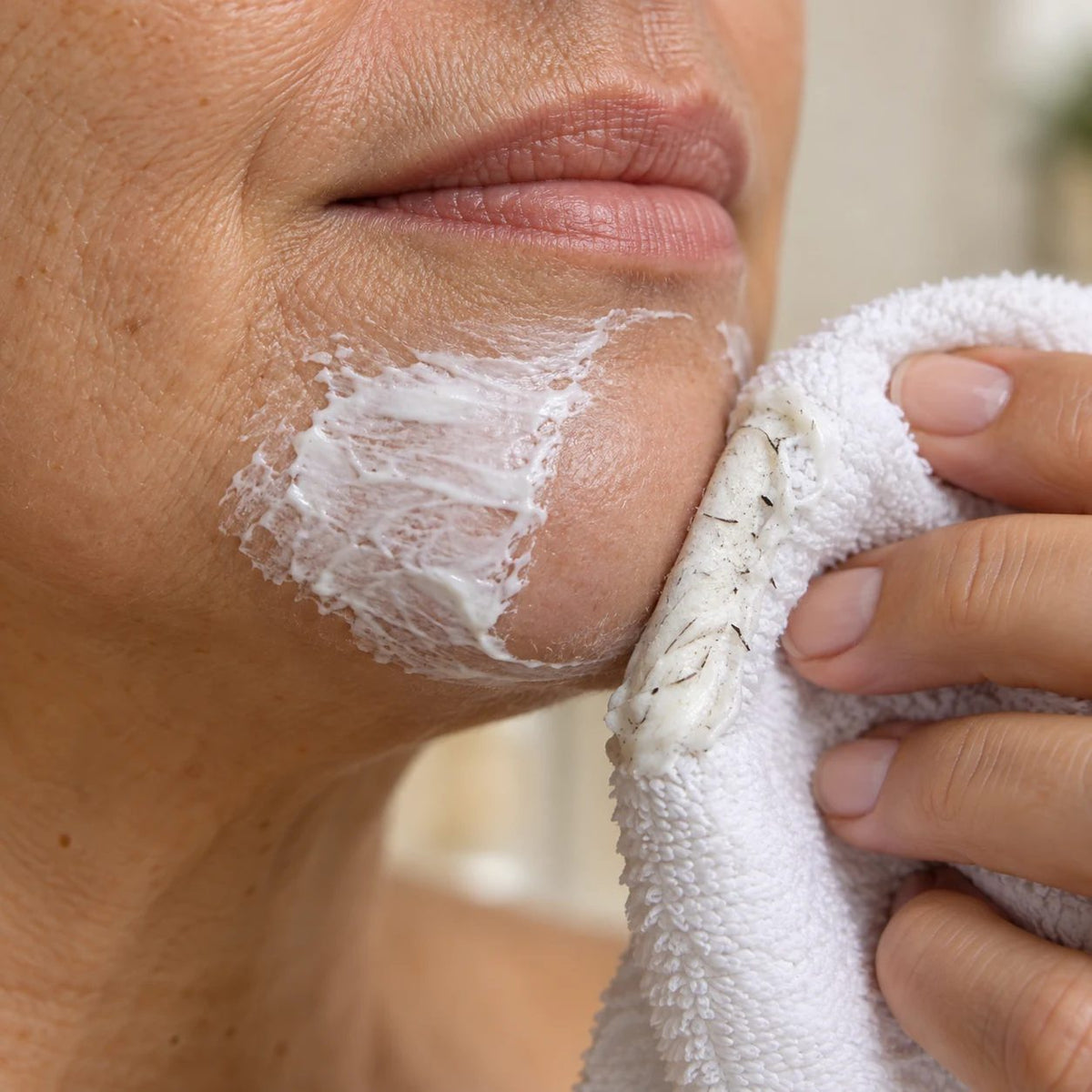 Illustration of facial cream and loosened hair being lifted from the chin with a damp cloth
