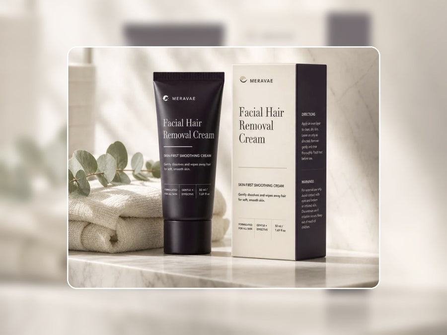 Meravae facial hair removal cream tube and box on a bathroom counter