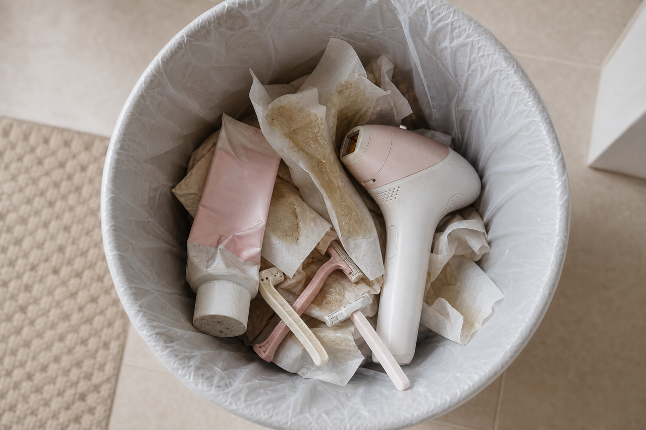 Nair cream, razors, a cheap IPL device, and wax strips thrown in the trash