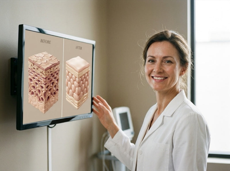 Dermatologist showing a before/after skin cross-section: stripped and dry vs cushioned and hydrated