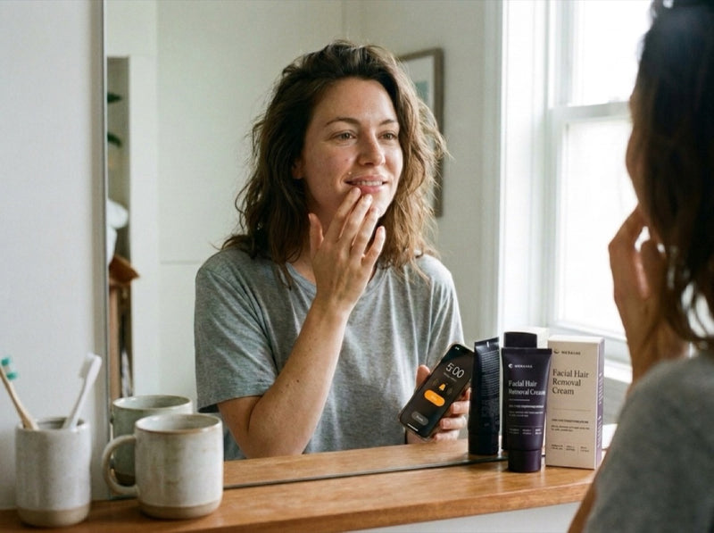 Smooth in minutes, checking a clear upper lip in the mirror with a timer running