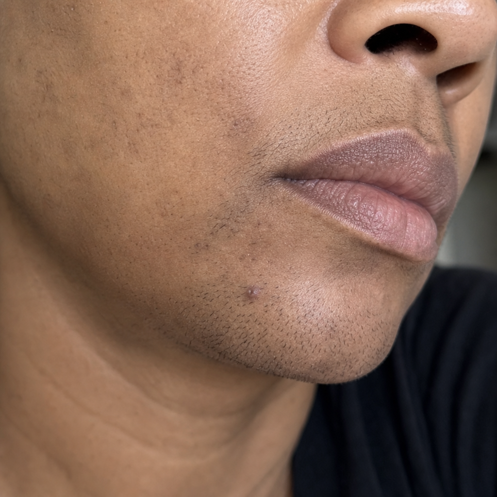 Coarse stubble, dark marks and an ingrown hair before Meravae