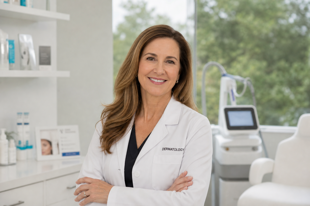 Dermatologist in a clinic recommending Meravae for facial hair