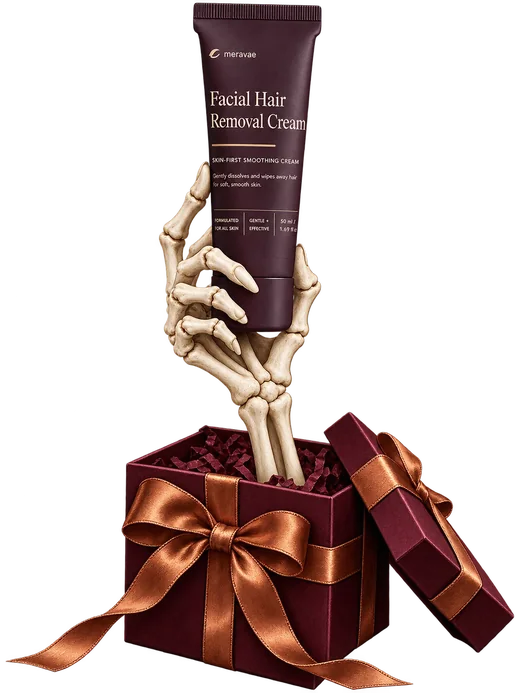 An ivory skeleton hand lifts your Meravae bonus tube from a Halloween gift box