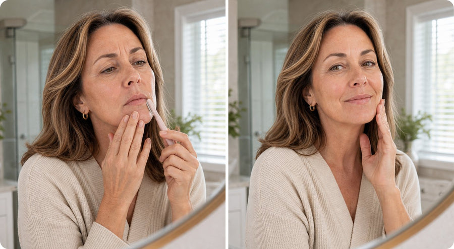 Before and after: woman shaving chin stubble then touching smooth face