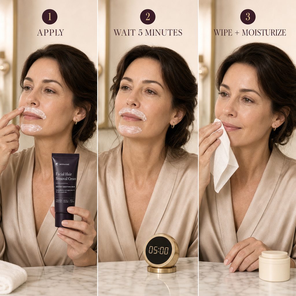 How to use Meravae in 3 steps: apply, wait 5 minutes, wipe and moisturize