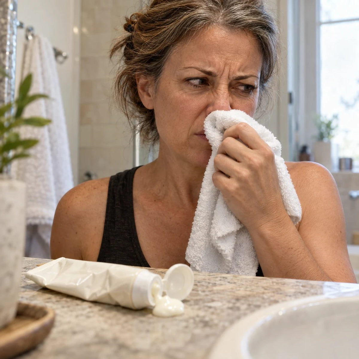 Illustrative bathroom scene showing the unpleasant smell ritual of an anonymous older cream