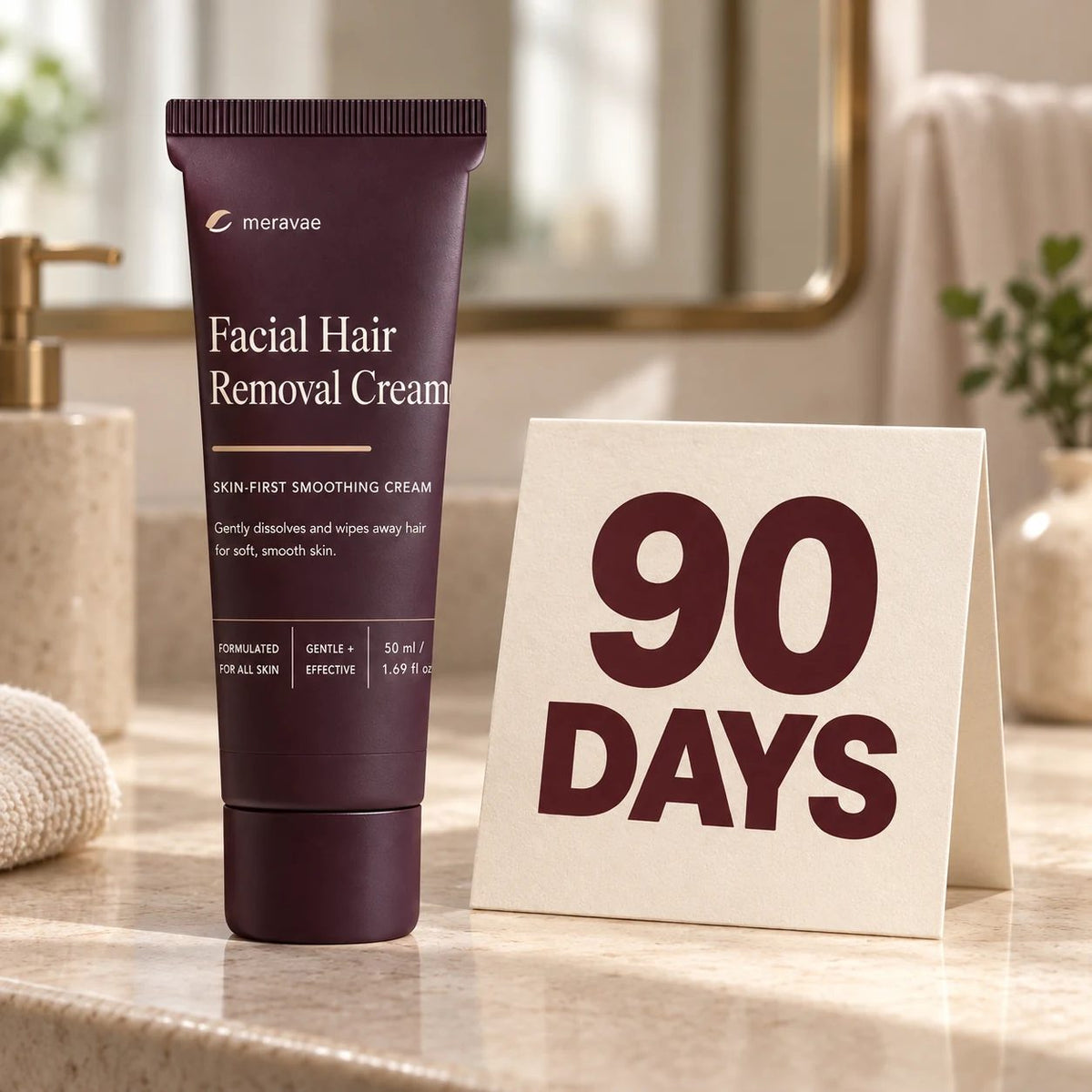 Meravae cream with a large 90 DAYS card in a bathroom product composition