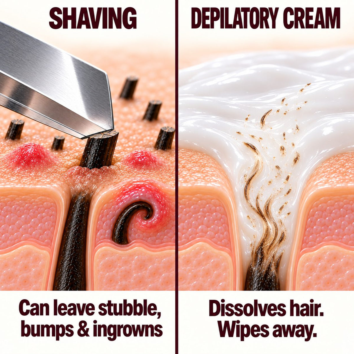 Illustration comparing shaving, which can leave stubble, bumps and ingrown hairs, with depilatory cream that dissolves hair to wipe away