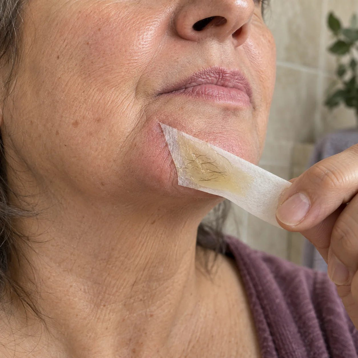 Illustration of a facial wax strip being lifted away from chin skin
