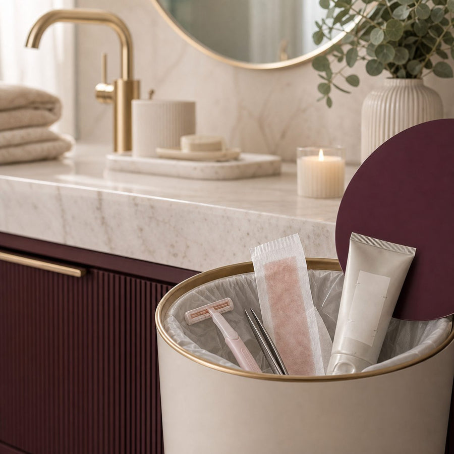 Old facial hair removal tools discarded in bathroom trash