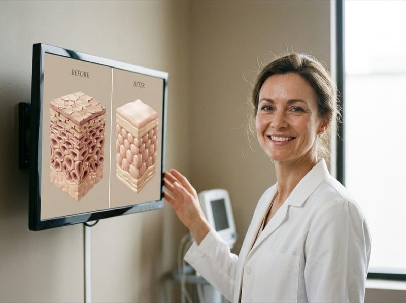 Dermatologist showing a before/after skin cross-section: stripped and dry vs cushioned and hydrated