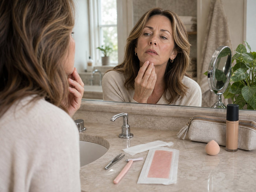 Woman checking facial hair symptoms with shaving tweezing and makeup tools nearby